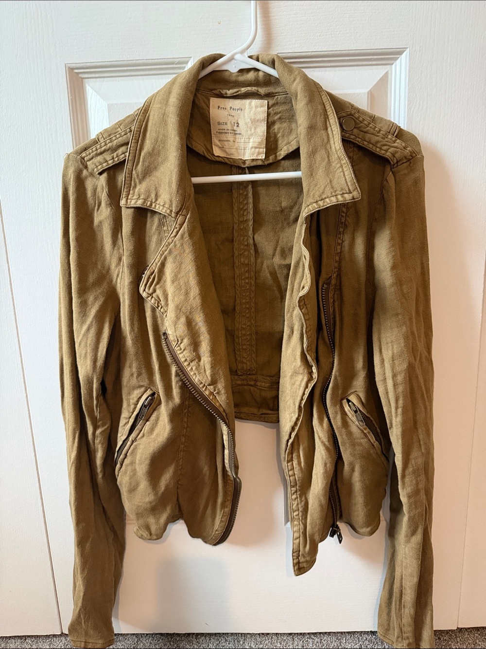 Free People Olive Green Cropped Moto-Style Jacket